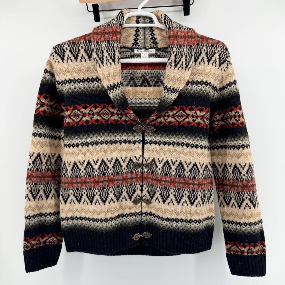 Susan Bristol Fair Isle Wool Cardigan Shawl Collar Metal Clasp L Beige Black - Picture 2 of 7